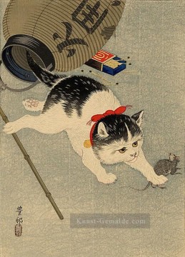  Katzen Kunst - Katze holt Maus Ohara Koson Kätzchen